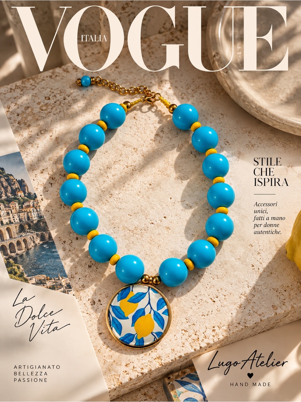 Handmade Turquoise and Yellow Beaded Necklace with Lemon Pendant